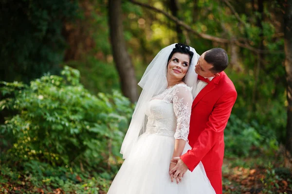 Casal de casamento incrível andando, se divertindo e posando no par — Fotografia de Stock