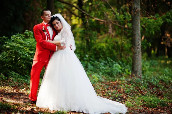 Amazing wedding couple walking, having fun and posing in the par — Stock Photo, Image