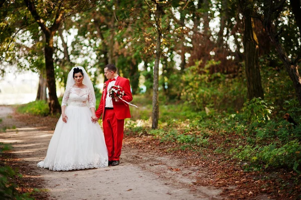 Amazing wedding couple walking, having fun and posing in the par — Stock Photo, Image