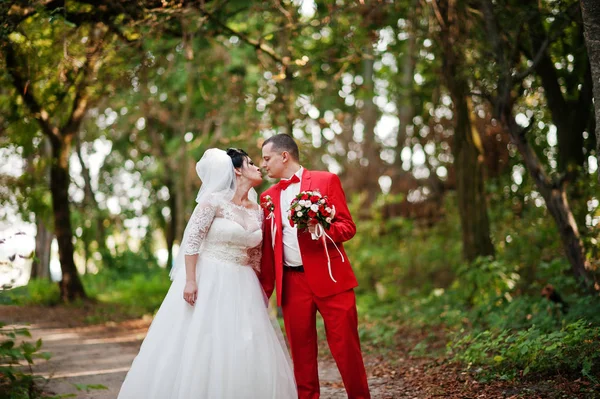 Increíble pareja de boda caminando, divirtiéndose y posando a la par —  Fotos de Stock