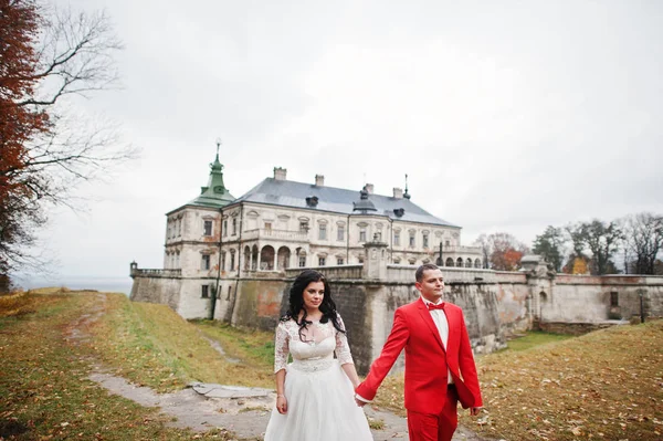 Изображать свадебную пару, стоя и позируя на холме — стоковое фото