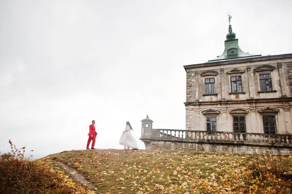 Couple de mariage parfait debout et posant sur la colline avec une vi — Photo
