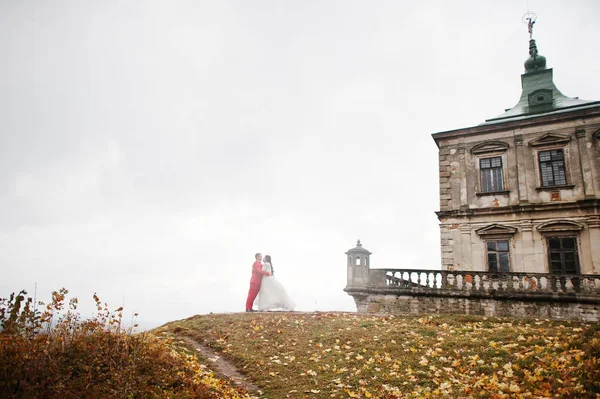 Perfektes Hochzeitspaar steht und posiert auf dem Hügel mit einem vi — Stockfoto