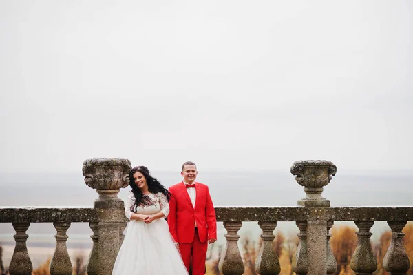 Fantástica pareja de boda de pie en la terraza con vistas a — Foto de Stock