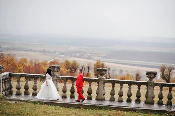 Fantastici sposi in piedi sulla terrazza con vista — Foto Stock