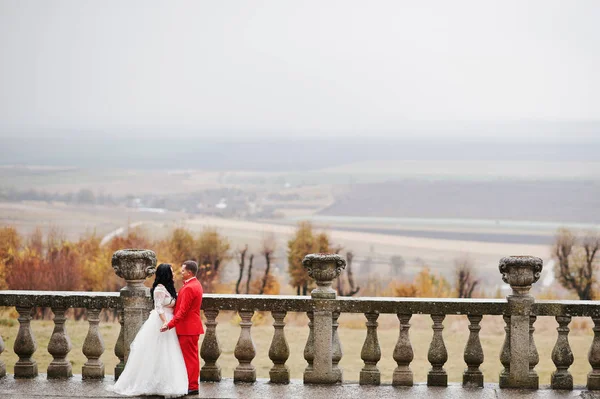 素晴らしい結婚式のカップルの景色を望むテラスの上に立って — ストック写真