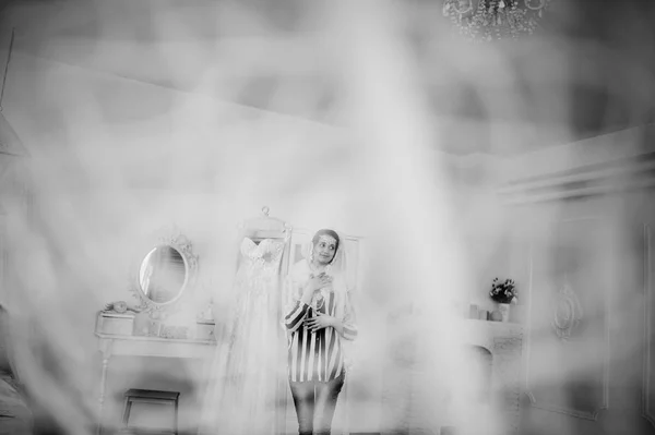 Portréja egy mesés fiatal menyasszony pózol a ruháját, a bi- — Stock Fotó