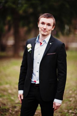 Kendi üzerinde th parkta poz bir yakışıklı damat portresi