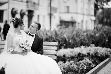 Parkta bir bankta oturmuş ve arıyorum bana yardımcı olanvarmı zarif Düğün çifti