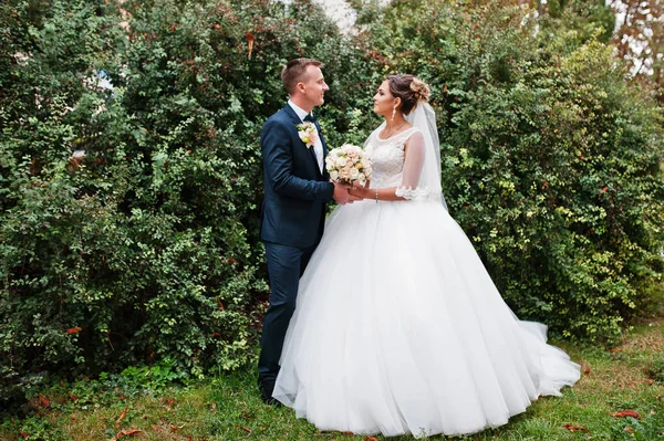 Bonito casal recém-casado andando e curtindo cada othe — Fotografia de Stock