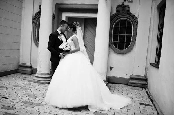 Casal de casamento incrível curtindo a companhia um do outro, de pé — Fotografia de Stock