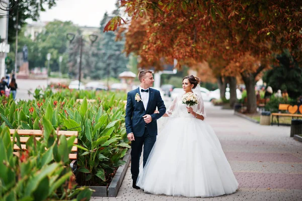 Bonito casal recém-casado andando e curtindo cada othe — Fotografia de Stock