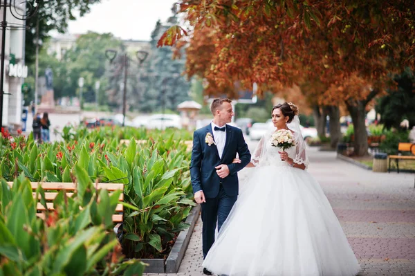 Gut aussehendes frisch verheiratetes Paar, das spazieren geht und einander genießt — Stockfoto