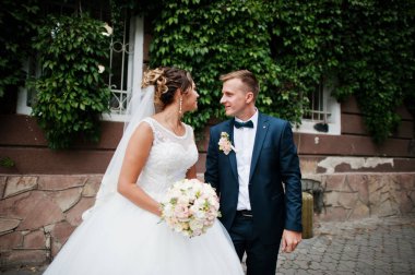 Ivy duvara poz seçkin Düğün çifti.