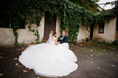 Ivy duvara poz seçkin Düğün çifti.