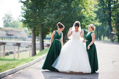 Yürüyüş, poz ve onun bridesmai ile eğleniyor muhteşem gelin