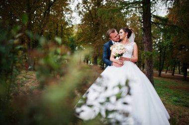 Yakışıklı yeni evli iki yürüyor ve her diğer zevk