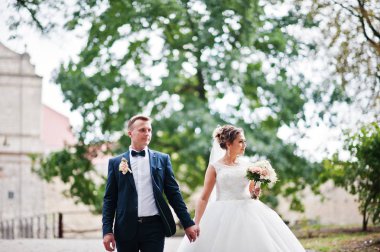 Yakışıklı yeni evli iki yürüyor ve her diğer zevk