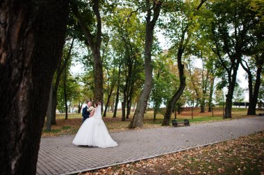 Yakışıklı yeni evli iki yürüyor ve her diğer zevk