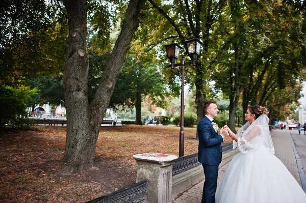 Yakışıklı yeni evli iki yürüyor ve her diğer zevk