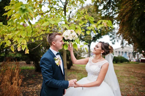 Yakışıklı yeni evli iki yürüyor ve her diğer zevk