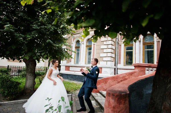 Yakışıklı yeni evli iki yürüyor ve her diğer zevk