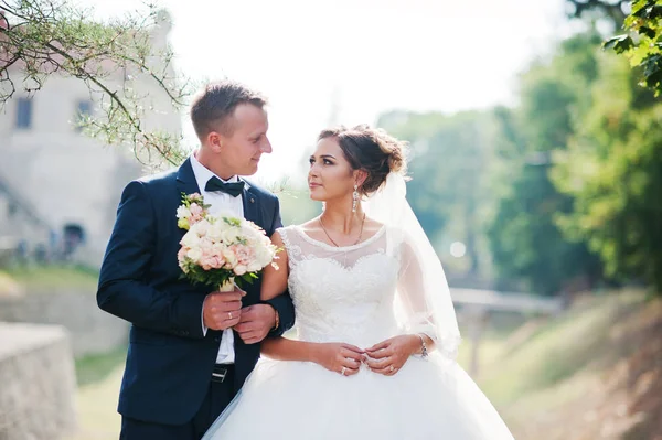 Casal de casamento fantástico posando na colina com um vi maravilhoso — Fotografia de Stock