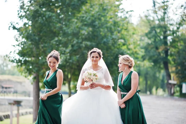 Prachtige bruid wandelen, poseren en plezier maken met haar bridesmai — Stockfoto