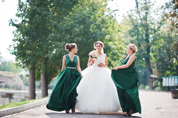 Fabulosa novia caminando, posando y divirtiéndose con su bridesmai —  Fotos de Stock