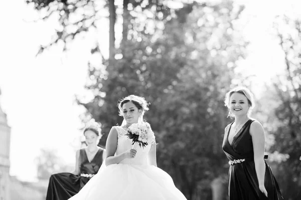 Yürüyüş, poz ve onun bridesmai ile eğleniyor muhteşem gelin — Stok fotoğraf