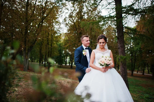 Good-looking newly married couple walking and enjoying each othe