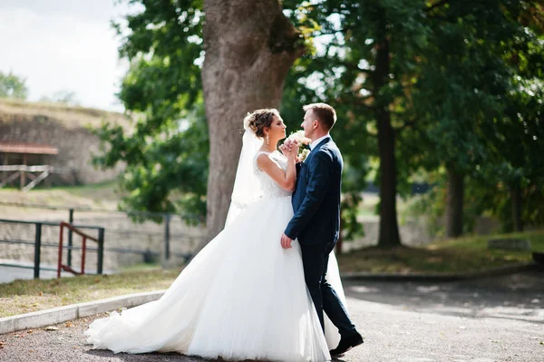 Yakışıklı yeni evli iki yürüyor ve her diğer zevk