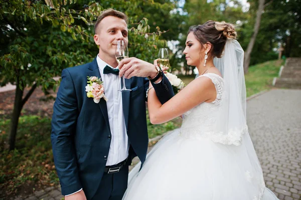 幸せな新婚夫婦、ウェディング ブーケに公園で屋外のシャンパンを飲む — ストック写真