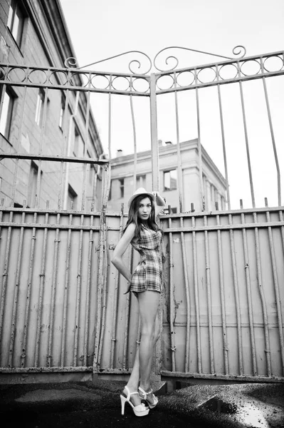 Şaşırtıcı uzun bacaklı kız giymek şapka demir f karşı hig topuklu