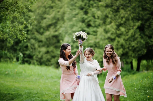 Attraktive Braut posiert und hat Spaß mit zwei ihrer Brautjungfern — Stockfoto