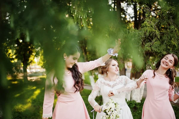 Impresionante novia divirtiéndose con damas de honor en su boda soleada —  Fotos de Stock