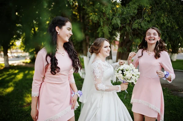 Impresionante novia divirtiéndose con damas de honor en su boda soleada — Foto de Stock