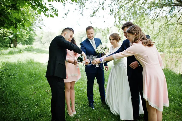 Bruidspaar, bruidsmeisjes en groomsmen champagne drinken op — Stockfoto