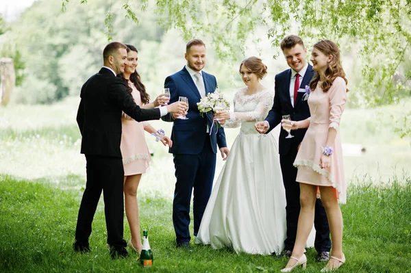 Pareja de bodas, damas de honor y padrinos bebiendo champán en —  Fotos de Stock