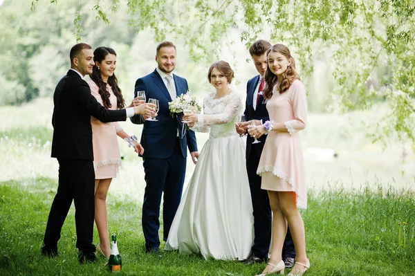Весільна пара, подружки наречених і бабці п'ють шампанське на — стокове фото