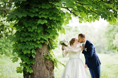 Evlilik çift yürüyüş şaşırtıcı ve bir yere gree içinde öpüşme