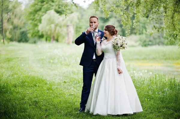 Recién casados pareja de boda bebiendo champán en el bosque o par —  Fotos de Stock