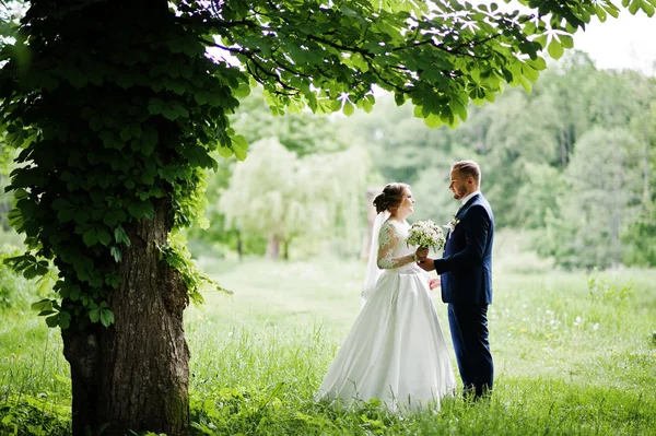 Maravilhoso jovem casal de casamento posando ao ar livre em um lindo sol — Fotografia de Stock