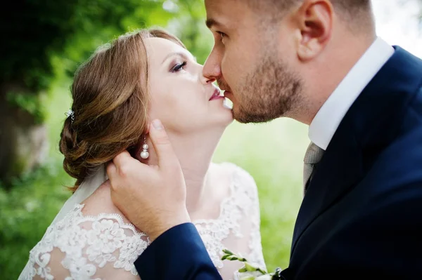 Casal incrível se beijando no prado em uma linda primavera — Fotografia de Stock