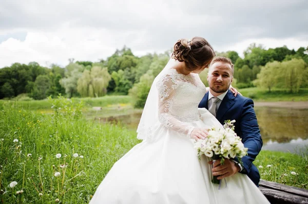 Fantastica sposa seduta sulle ginocchia di uno sposo nel prato accanto a t — Foto Stock