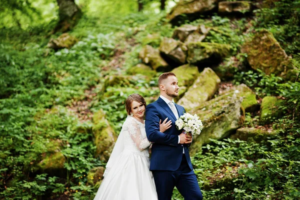 Ormanın içinde arka planda büyük kayalar ile poz yeni evliler