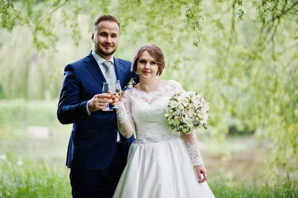 Amazing wedding couple posing with champagne glasses in the fore — Stock Photo, Image