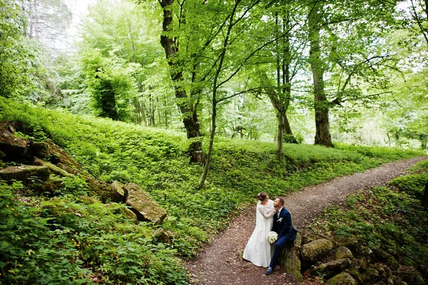 Magnífica noiva sentada em um colo do marido na floresta — Fotografia de Stock