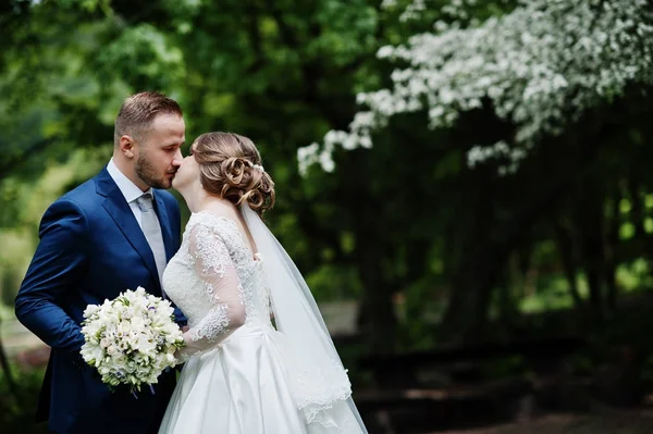 Foto de cerca de una pareja de novios besándose en el parque con blos —  Fotos de Stock