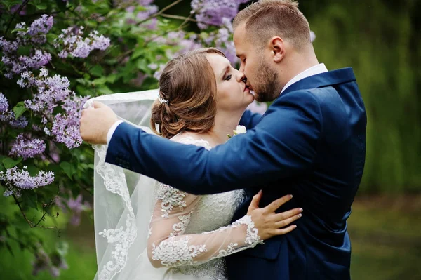 Foto de cerca de una pareja de novios besándose en el parque con blos — Foto de Stock